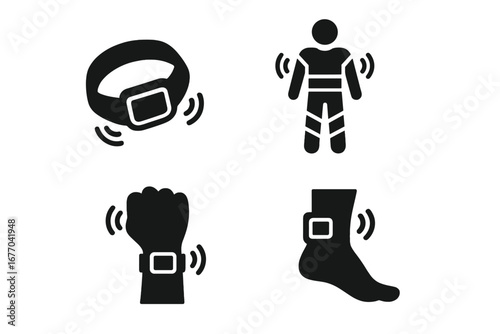 Wearable technology solid glyph icons set. Haptic feedback suit, smart band, wrist device, and ankle sensor. Vibration signal. Fitness tracker, virtual reality concepts.