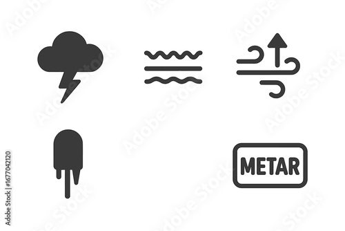 Aviation weather icon set. Solid glyph symbols for pilots. Vector includes thunderstorm, turbulence, wind shear, icing, and METAR report symbols for meteorological forecast.