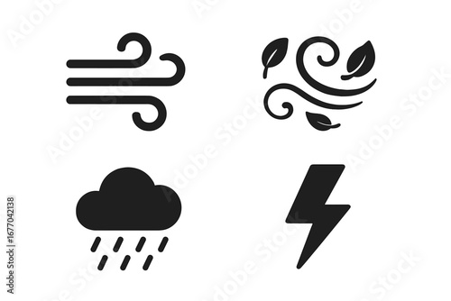 Weather icon set. Solid glyph pictograms. Wind gust, swirling leaves, rain cloud, and lightning bolt symbols. Meteorology forecast elements. Vector illustration for web and app.