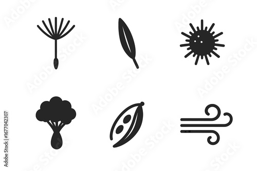 Seed dispersal solid icon set. Dandelion, burr, pod, winged seeds. Plant reproduction and botany concept. Wind blowing seeds vector. Nature, agriculture, ecology, grass icons.
