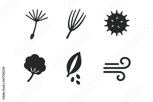 Weed seed icon set. Solid fill glyphs of dandelion, grass, burr, and fluffy seeds. Concepts of wind dispersal, floating seeds, bursting pods, and pollen for allergy or botany.