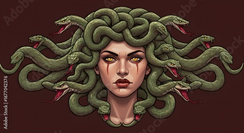 Mythological Snake-Haired Gorgon With Intense Eyes and Serpents For Hair in Bold Digital Painting