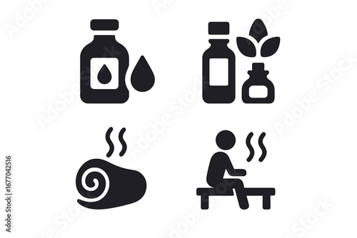 Spa and wellness solid glyph icon set. Body care routine, relaxation, massage oil, aromatherapy, essential oils, hot towel, sauna, steam room vector pictogram collection.