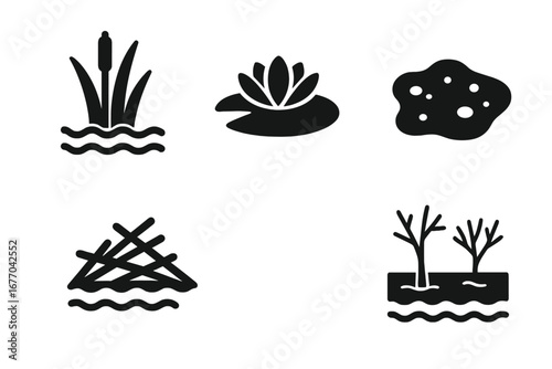 Wetland habitat solid glyph icons set. Marsh reeds, water lily, beaver dam, swamp, and mud patch pictograms. Nature and ecosystem vector symbols for web and mobile UI.
