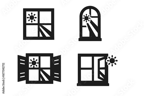 Window icon set with sun and light rays. Collection of sunshine through window symbols. Open and closed windows with sunbeam effect. Hope and new opportunity concept vector.