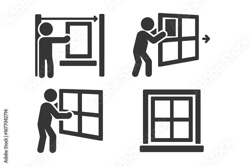 Window installation icon set. Home renovation and repair. Man installing new window frame. Construction service worker. Process of replacing glass. Measuring and fitting.