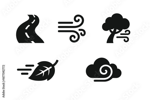 Windy weather solid icons. Vector glyph set of winding road, gust of wind, swaying tree, falling leaf, cloud swirl. Nature, storm, breeze, airflow, meteorology concept.