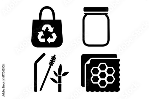 Zero waste lifestyle solid icons set. Reusable bag, glass jar, metal straw, beeswax wrap. Eco friendly, sustainable, plastic-free concept. Ecology vector pictograms.