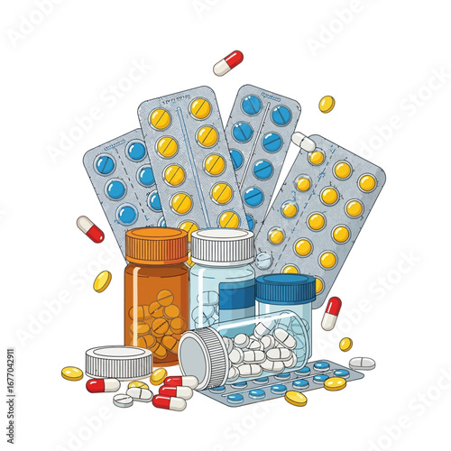 An assortment of medications, including pills and capsules in bottles and blister packs, depicted in a colorful illustration.