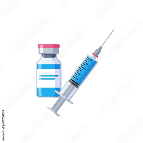 A medical syringe filled with blue liquid next to a vial of medicine, symbolizing healthcare and treatment.