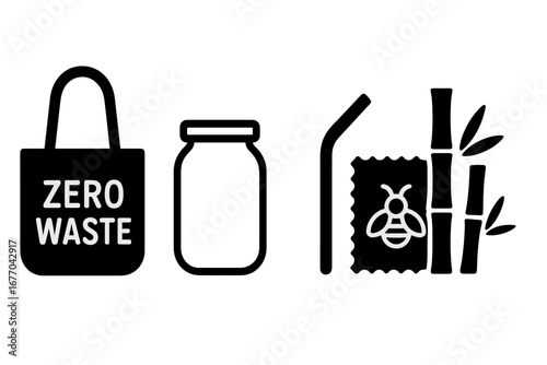 Zero waste lifestyle vector icon set. Solid glyph icons for sustainability concepts. Reusable tote bag, glass jar, metal straw, beeswax wrap, and bamboo illustration.