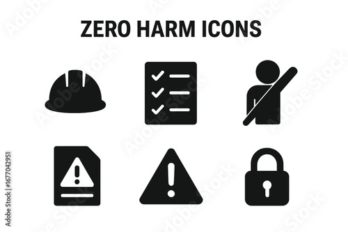 Zero harm workplace safety icon set. Solid glyph icons for occupational health and safety. Vector collection with hard hat, checklist, hazard report, warning, and secure lock.