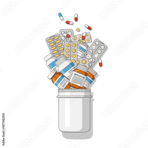 An illustration of a white medicine bottle overflowing with a variety of pills, capsules, and blister packs.