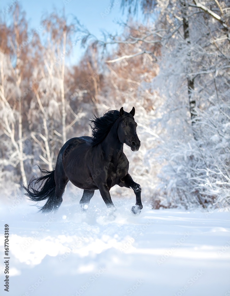 Obraz premium Black horse running in snowy forest