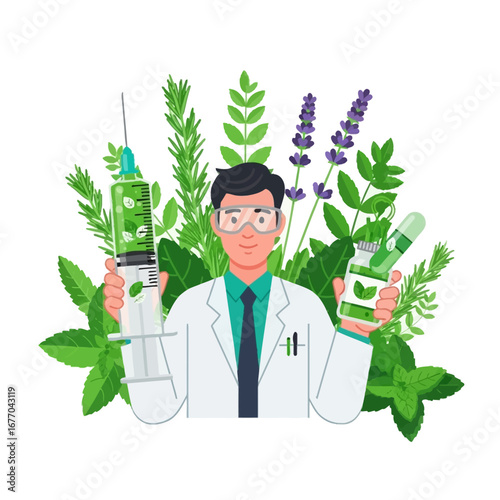 Scientist holding herbal medicine and syringe, surrounded by plants.