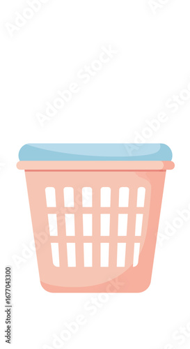 Illustration of a pink laundry basket with blue trim isolated on a white background in a cartoon style
