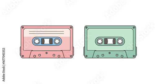 Two pastel colored cassette tapes a pink one and a green one isolated on a white background retro style