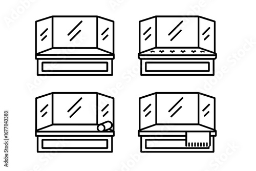Bay window bench icon set. Outline furniture illustration for interior design. Built-in seating with cushion, pillow, and throw blanket. Home decor vector pictogram collection.