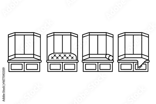 Bay window bench icon set. Line art illustration of cozy window seating with storage. Home interior design furniture concept with tufted cushion, pillow, and decorative throw.