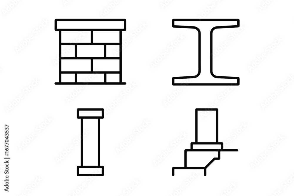 Obraz premium Building construction and engineering line icon set. Vector symbols of structural elements like a brick load-bearing wall, steel I-beam, support column, and concrete foundation.