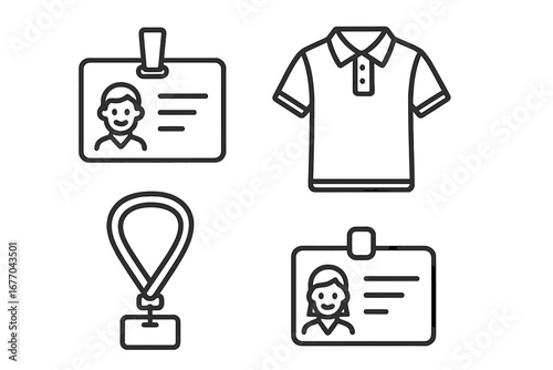 Booth staffing essentials outline icon set. Vector line art of event staff elements like ID badge, name tag, lanyard, and polo shirt. Corporate event and exhibition concept.