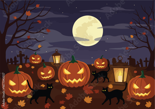 Sinister jack-o'-lanterns and mysterious black cats gather in a spooky cemetery under a full moon on a festive Halloween night