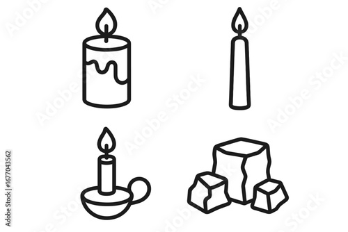 Candle line icon set for decoration. Vector outline illustration of a pillar candle, taper candle, candlestick holder and wax for candle making. Spiritual cozy home concept.