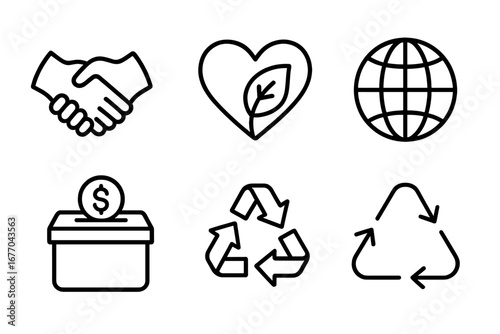 Corporate Social Responsibility icon set. Vector line icons for CSR, business ethics, sustainability, and environmental care. Includes charity, partnership, and recycling symbols.