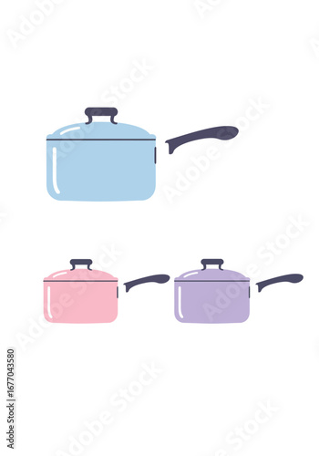 Three colorful cooking pots with lids and handles in blue pink and purple on a white background
