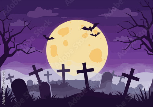 Spooky halloween illustration of a haunted graveyard at night with a full moon, flying bats, and creepy tombstones under a purple sky
