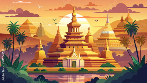 The Historic Monuments of Mandalay in Myanmar shine under the tropical sky, where golden stupas and royal palace remains reflect the spiritual and regal essence of Burmese tradition.