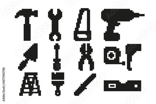 Construction tools icon set in pixel art style. DIY building essentials. 8-bit solid silhouette vector graphics for handyman, repair, and renovation. Hardware store elements.