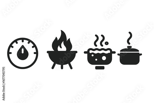 Cooking temperature vector icon set for food preparation. Symbols include oven dial, grill flame, boiling water, and simmer pot. Kitchen and barbecue glyph collection.