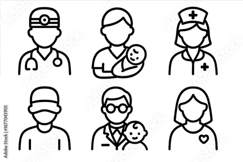 Delivery team line icons. Vector set of medical staff for childbirth. Obstetrician, midwife, nurse, pediatrician, anesthesiologist, doula. Maternity and newborn care symbols.