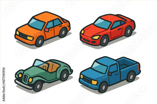 Die-cast car icon set. Isometric flat design vector illustration of toy vehicles. Miniature sedan, sports coupe, vintage convertible, and pickup truck cartoon collection.