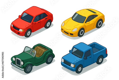 Isometric car icon set. Vector illustration of colorful die-cast toy cars. Miniature sedan, sports coupe, vintage convertible, and pickup truck models for transport design.