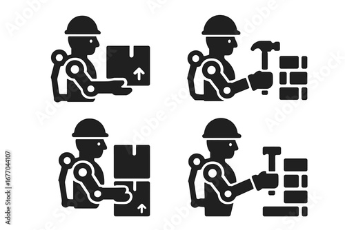 Exoskeleton worker icon set. Warehouse and construction jobs. Man with bionic suit lifting box and building wall. Future technology in labor and industry vector illustration.