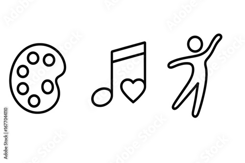 Expressive arts therapy icons. Outline set with paint palette, music note, and dance silhouette. For art, music, and movement therapy. Mental health & psychology concept vector.