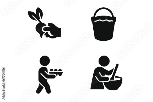 Farm to table icon set solid glyphs. Process of harvesting vegetable, gathering eggs, cooking. Agriculture, local organic food production and preparation vector pictograms.