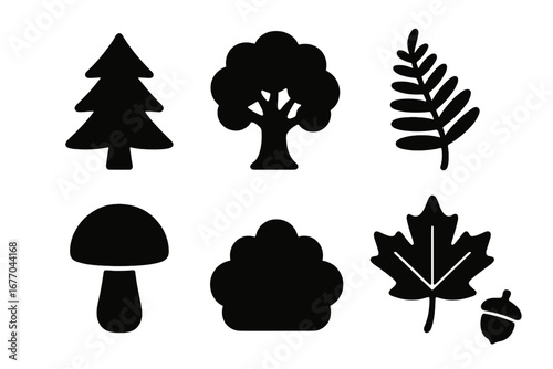Forest icons set. Solid black silhouette collection of woodland plants and trees. Pine, oak, fern, mushroom, bush, maple leaf, acorn. Vector cartoon nature elements glyph.
