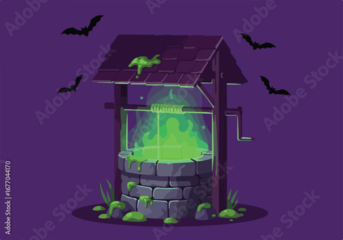 Spooky Halloween Well Illustration with Glowing Green Liquid and Flying Bats, Perfect for a Mystical and Eerie Celebration Scene