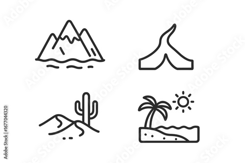 Geographic icon set. Vector outline symbols of various landscapes. Mountain range, river delta, desert with cactus, tropical beach with palm tree. Nature and travel concepts.