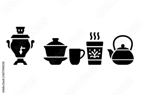 Global tea culture icons set. Solid vector glyph illustrations of international tea ceremony items. Russian samovar, Chinese gaiwan, Indian masala chai, and Japanese teapot.
