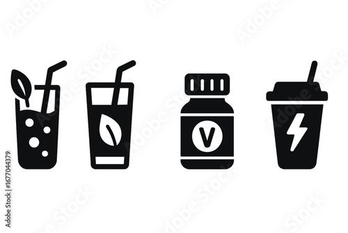 Health drink solid icons vector set. Wellness beverage, detox water, green juice, vitamin supplement bottle, energy boost smoothie. Nutrition, healthy lifestyle concept symbols.