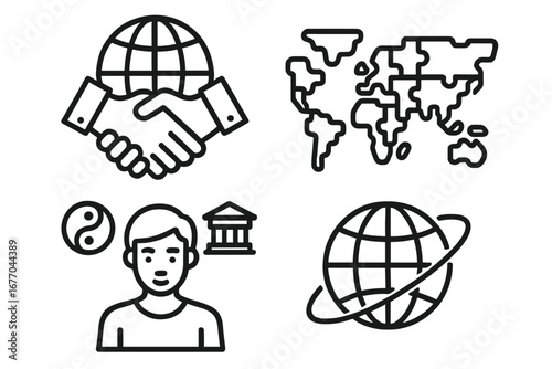 Globalization outline icon set. Vector symbols for international business, global partnership, world trade, hybrid culture, finance, world map puzzle, and worldwide network.
