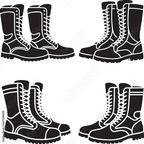 Military Combat Boots Silhouette Collection – Tactical Footwear Vector Set
