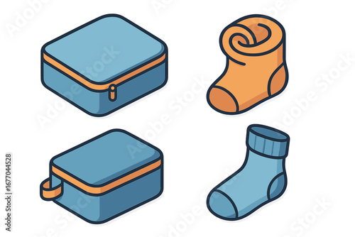 Isometric packing icons set for travel and organization. Vector illustration of packing cubes, travel pouches, and rolled socks for efficient suitcase space saving.