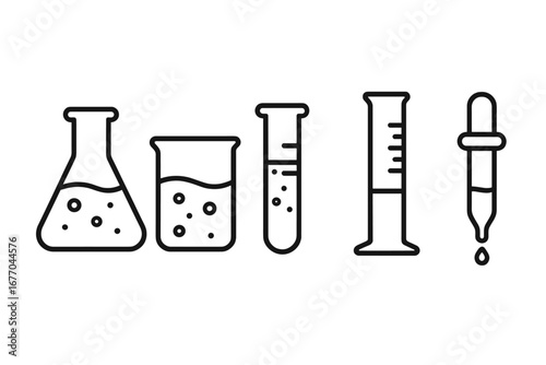 Laboratory glassware icons set. Outline vector illustration of scientific equipment: Erlenmeyer flask, beaker, test tube, graduated cylinder, pipette. Chemistry lab tools concept, clean line style
