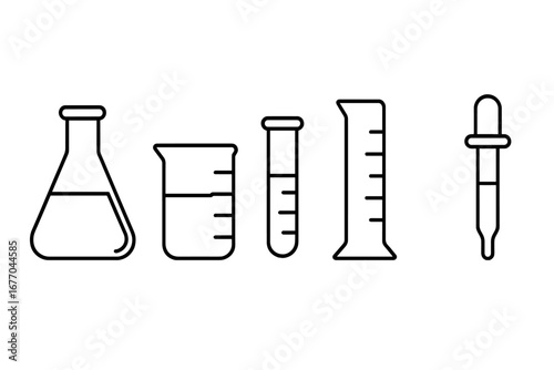 Laboratory glassware outline icon set. Vector illustration of scientific lab equipment. Includes flask, beaker, test tube, graduated cylinder, and pipette for chemistry research.
