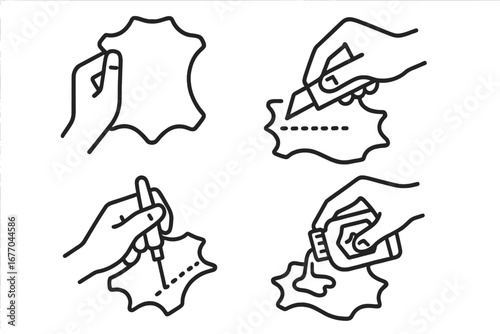 Leatherworking icon set. Hands working with leather. Crafting process. Cutting, stitching, dyeing hide. Handmade craft, DIY workshop. Vector outline icons for saddlery, cobbler.